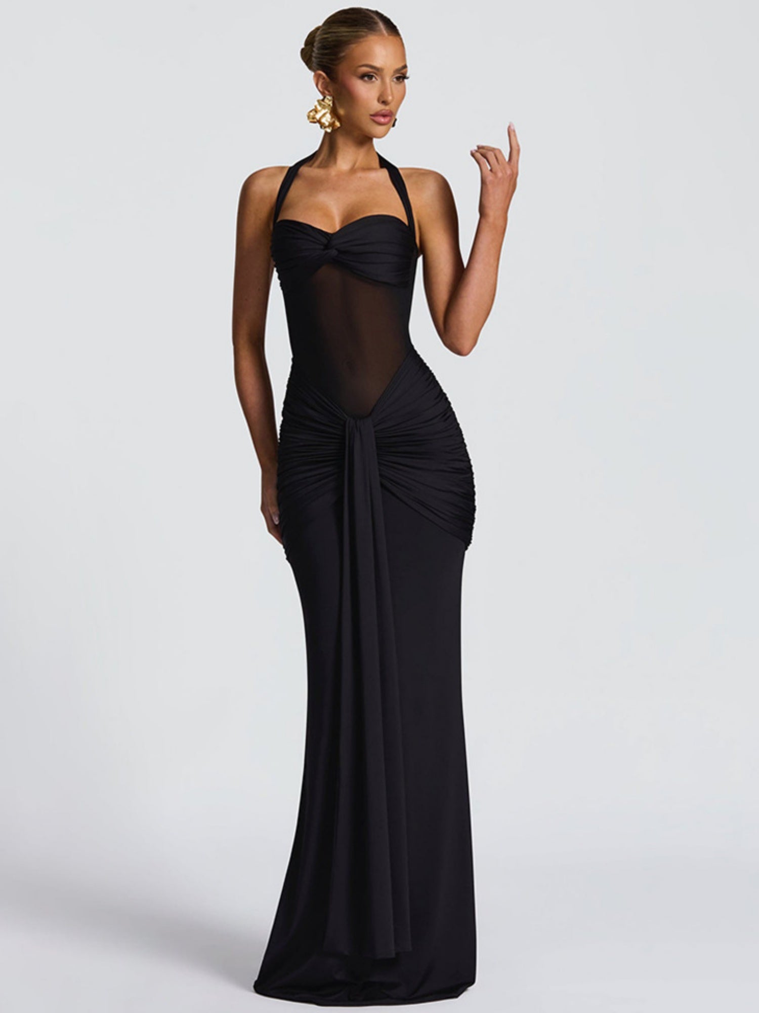 Mesh Splicing Ribbon Neckband Fish Tail Maxi Dresses
