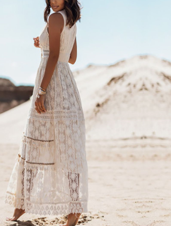 Crochet Lace Deep V-Neck Tassel Tie Tiered Maxi Dress