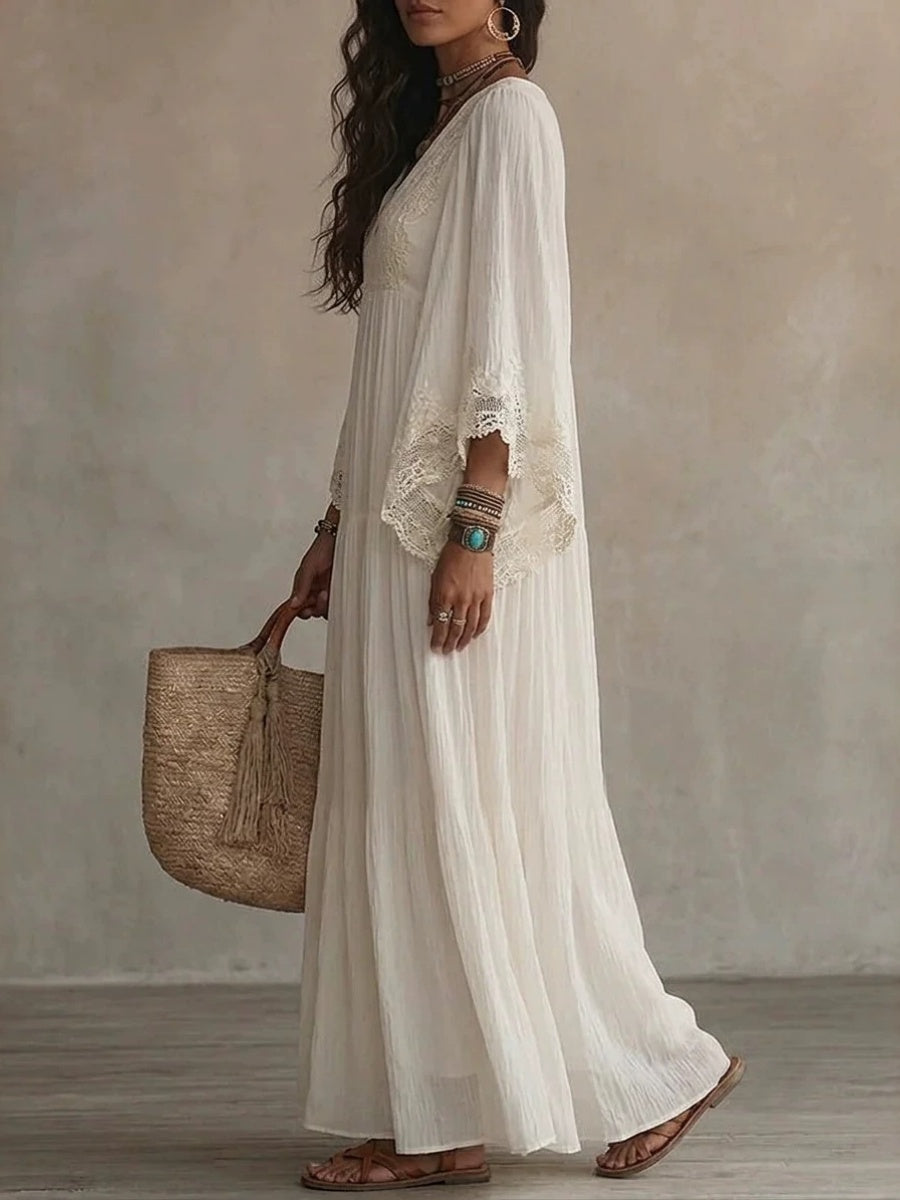 Batwing Sleeves V-neck Lace Stitching Beach Dress Seaside Smock Maxi Dresses