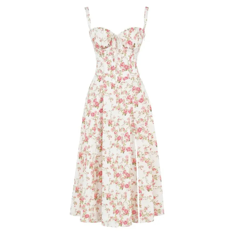 Floral Lace Up Back Spaghetti Strap Corset Fit and Flare Midi Dress