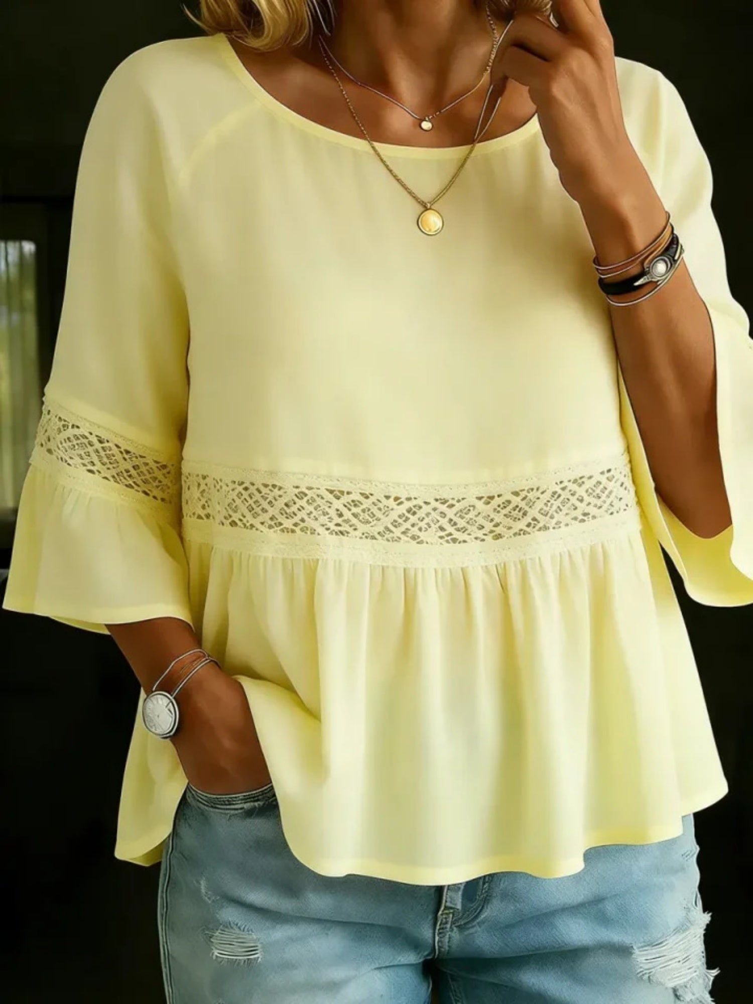 Lace Patchwork Cotton And Linen Round Neck, Three-quarter Sleeves T-shirts