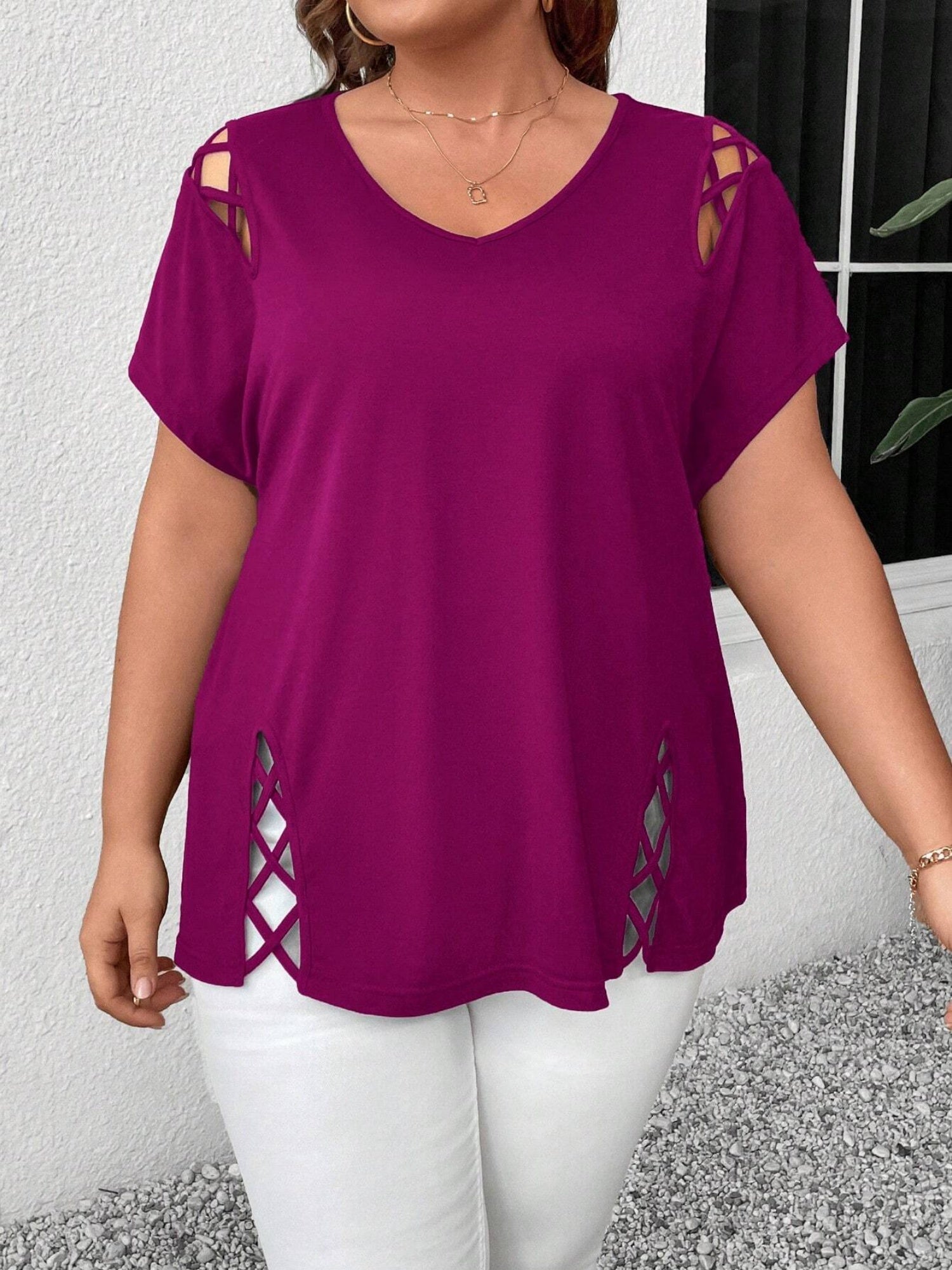 Hollow Out V-neck Cross Belt Short-sleeved T-shirt