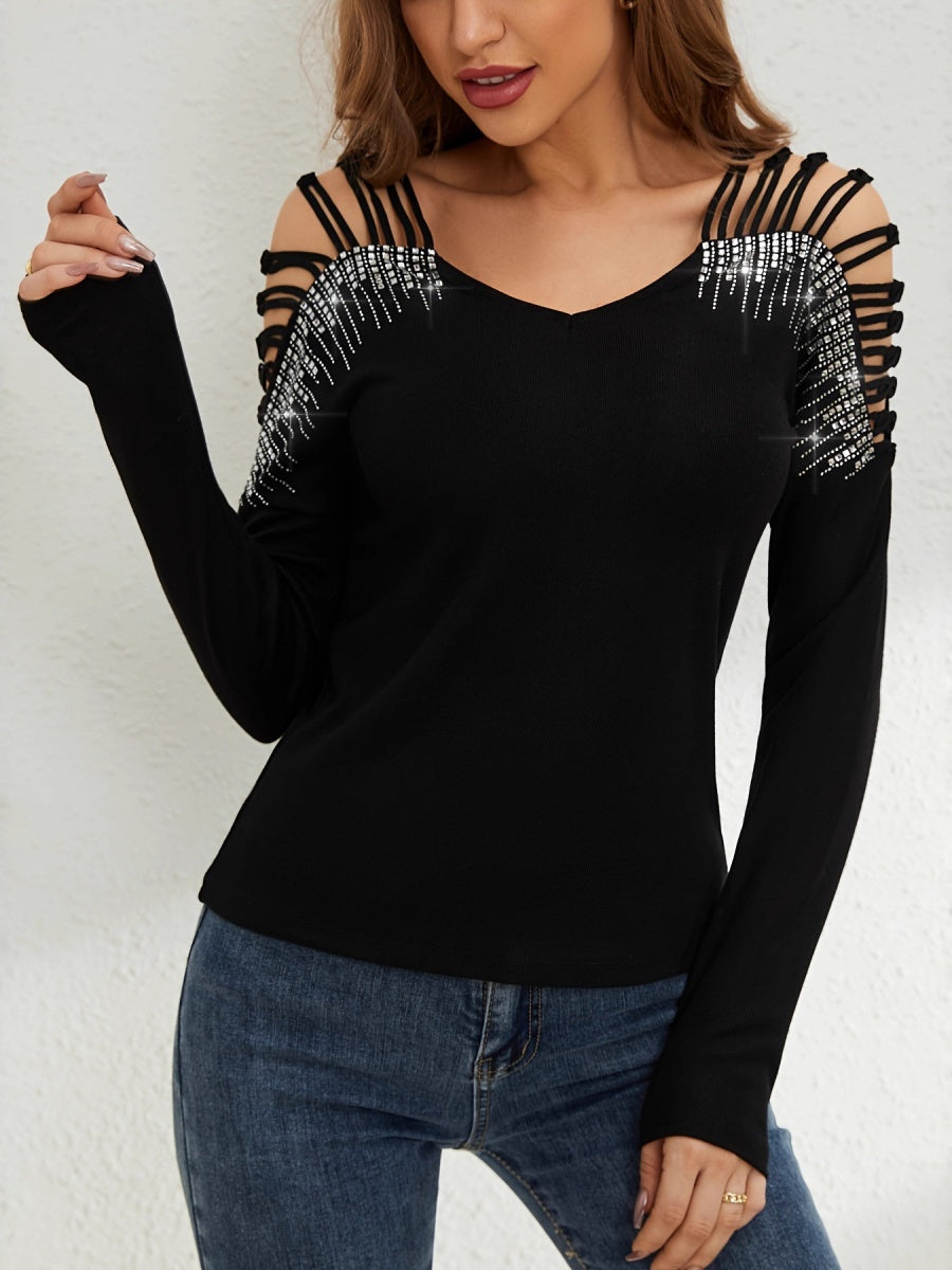 Rhinestone-studded Off-shoulder Hollow T-shirts