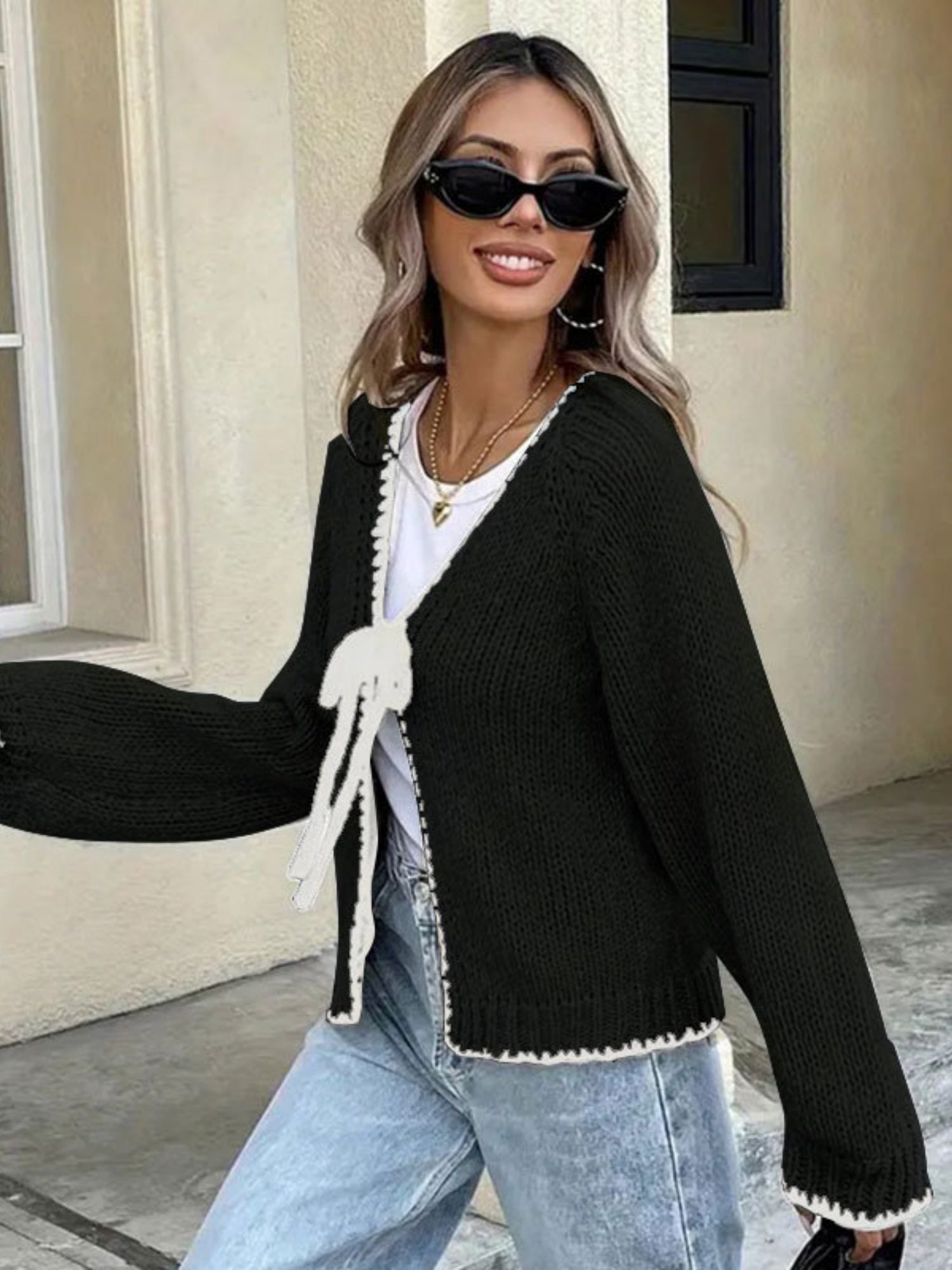 Bow Tie Color-blocked Cardigans