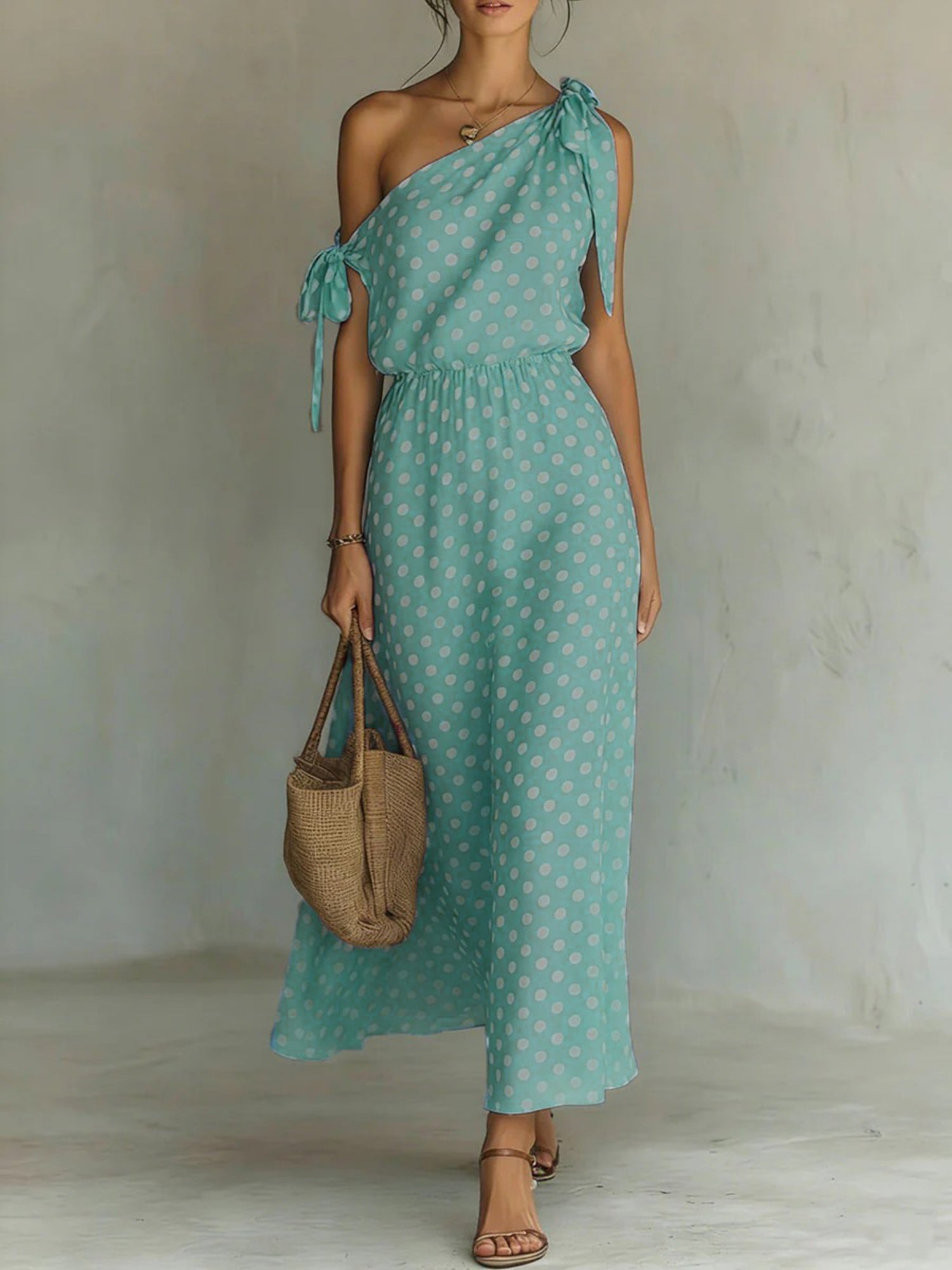 Polka Dots Sloping Shoulders Straps Maxi Dresses