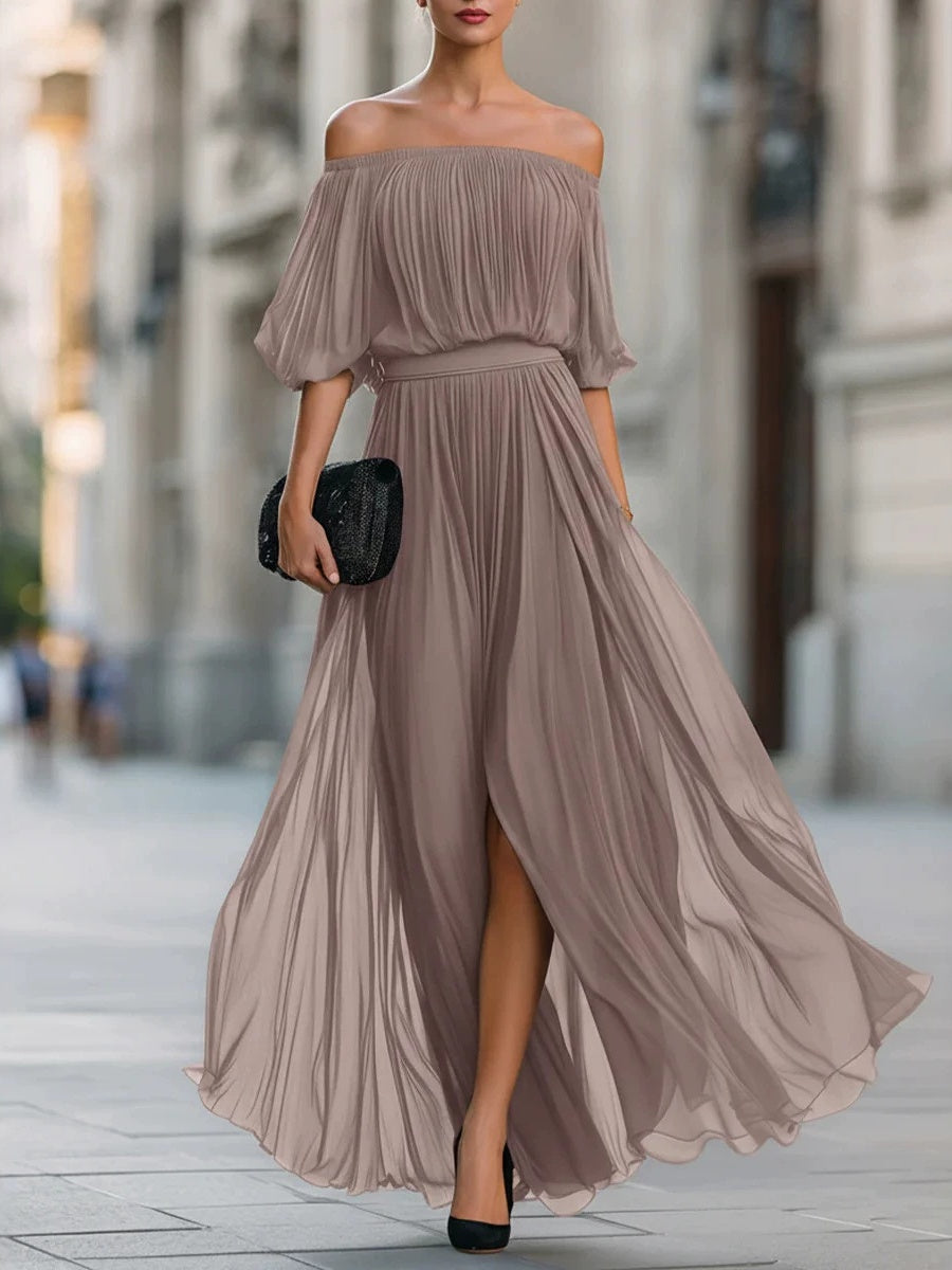 Off Shoulder Elegant Pleats Solid Color Slit Maxi Dresses