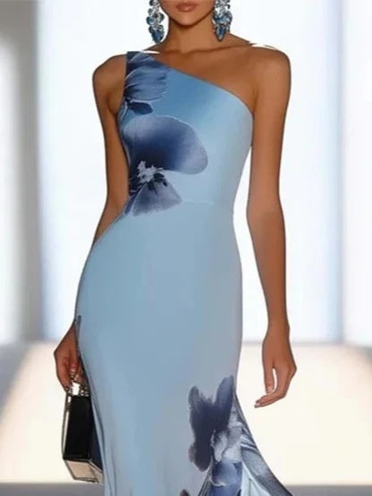 Blue Floral Print One-shoulder Long Dress
