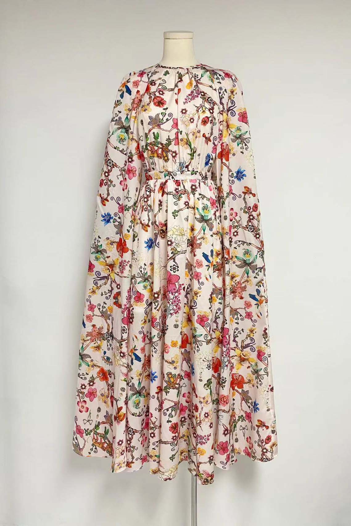 Botanical Floral Print Mock Neck Cape Sleeve Maxi Dress