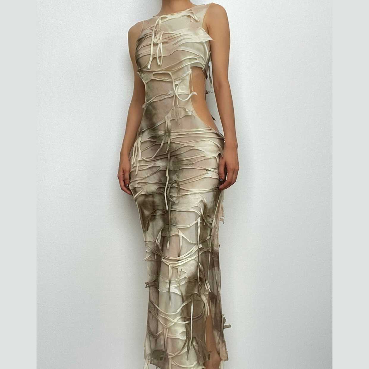 Tie Dye Shredded Side Cutout High Slit Sleeveless Maxi Dress