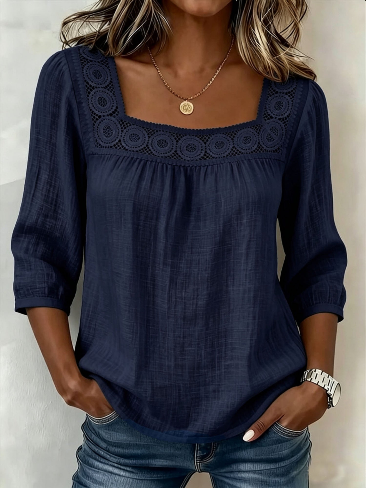 Lace Trim Cotton And Linen Square Neckline And Three-quarter Sleeves T-shirts