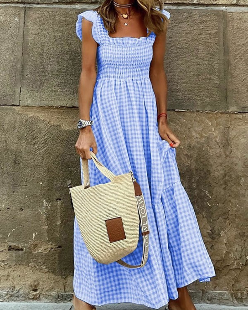 Gingham Smocked Square Neck Flutter Sleeve Tiered Maxi Dress