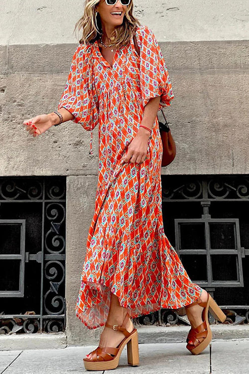 Geometric Lattice Print V-Neck Puff Sleeve Tiered Maxi Dress