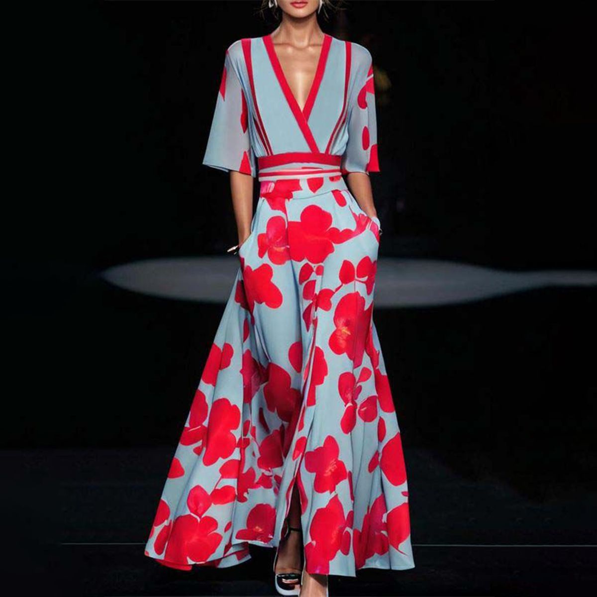Bold Floral Print Kimono Sleeve Wrap Top Wide-Leg Pants Set