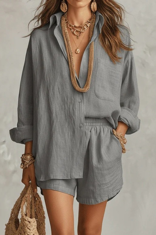 Linen Blend Loose-fitting Long-sleeved Collared Shirt and Elastic Waist Casual Pocket Shorts Set