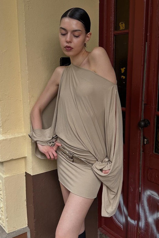 One-Shoulder Draped Cape Sleeve Double-Buckle Hip Belt Bodycon Mini Dress