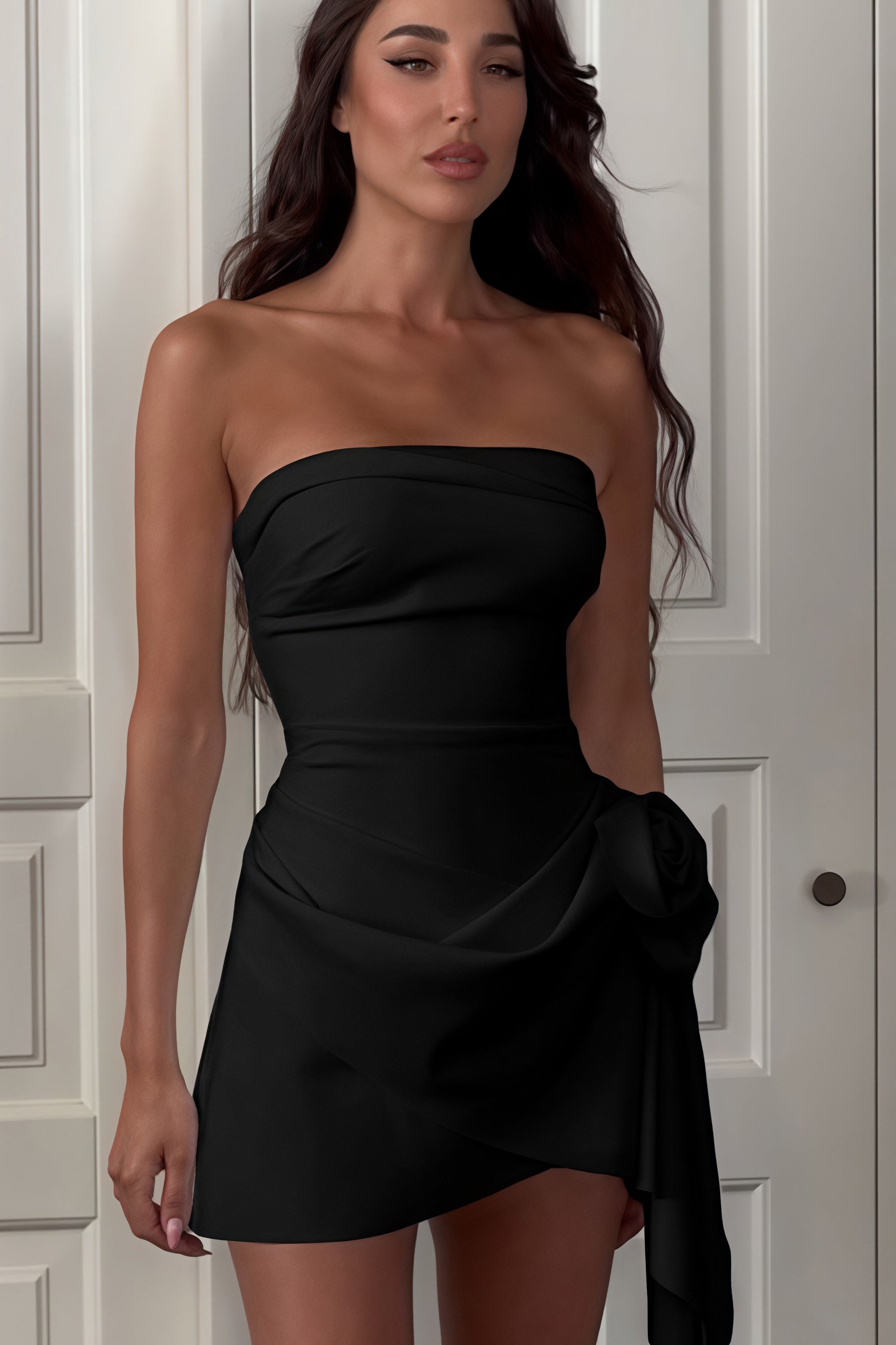 3D Rosette Applique Strapless Draped Asymmetrical Hem Bodycon Mini Dress