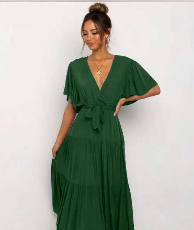 Trendy Solid Color Ruffles Long Dresses Women Sexy V-neck Ruffle Sleeves Leace-up Temperament Elegant Lady Dress 2025 Summer New 52 undefined
