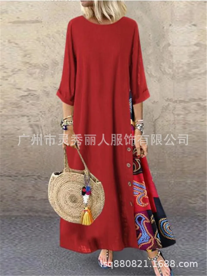 Cotton Linen Vintage Long Dresses Women Three Quarter Sleeves Splicing Print Loose A-line Dress Fashion Casual Lady Maxi Vestido 18 undefined