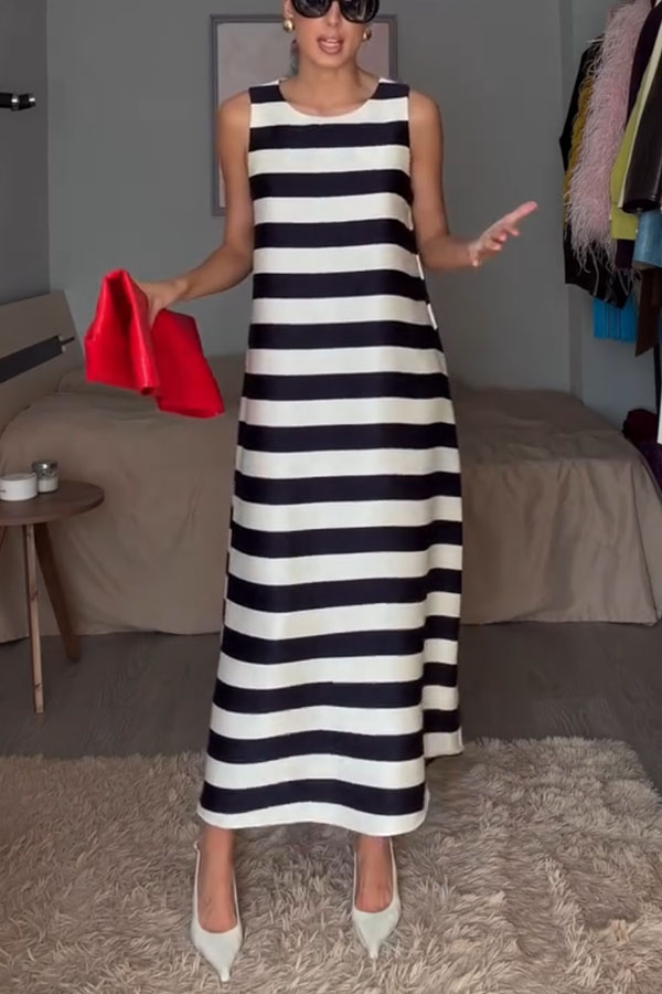 Elara Satin Striped Contrast Print Sleeveless Pocket A-line Maxi Dress