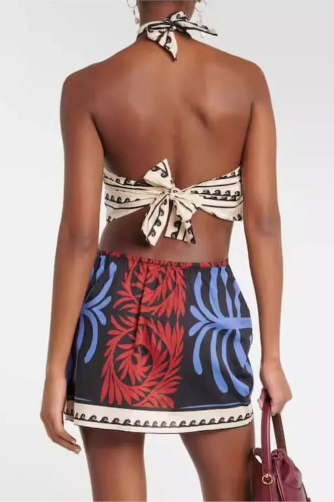 Tropical Palm Print Halter Neck Side Cut Out Border Trim Mini Dress