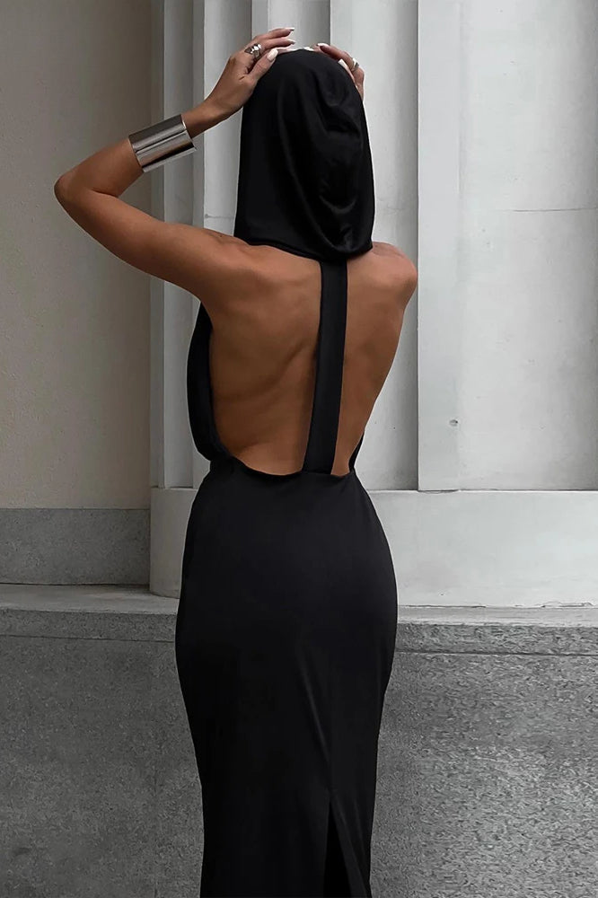 Hooded Plunging V-Neck Sleeveless Halter Bodycon Maxi Dress