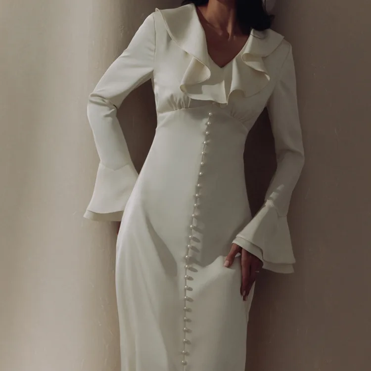 Ootddress Ruffle V Neck Elegant Dress For Women Slim Long Sleeve High Waist Temperament Dresses Femme Party Slit Long Dress Woman