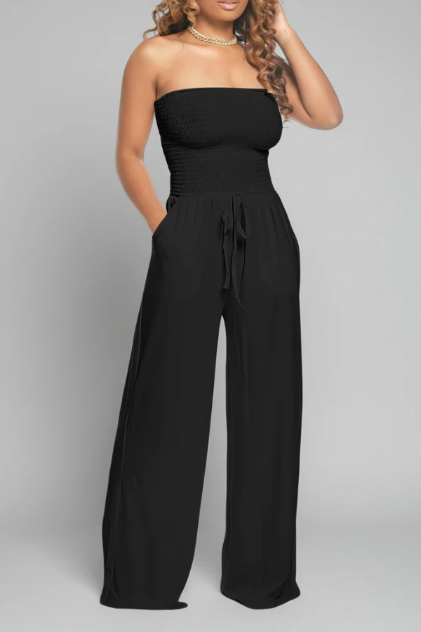 Solid Color Sleeveless Off-shoulder Pleated Loose Pocket Casual Wide-leg Jumpsuit