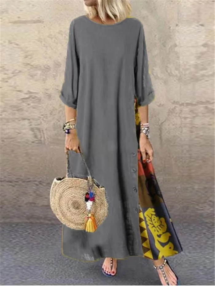 Cotton Linen Vintage Long Dresses Women Three Quarter Sleeves Splicing Print Loose A-line Dress Fashion Casual Lady Maxi Vestido 8 undefined