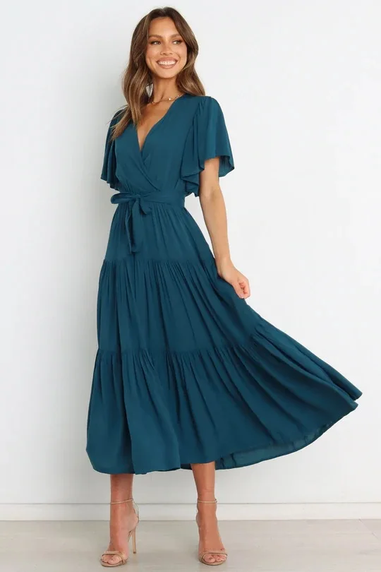 Trendy Solid Color Ruffles Long Dresses Women Sexy V-neck Ruffle Sleeves Leace-up Temperament Elegant Lady Dress 2025 Summer New 23 undefined