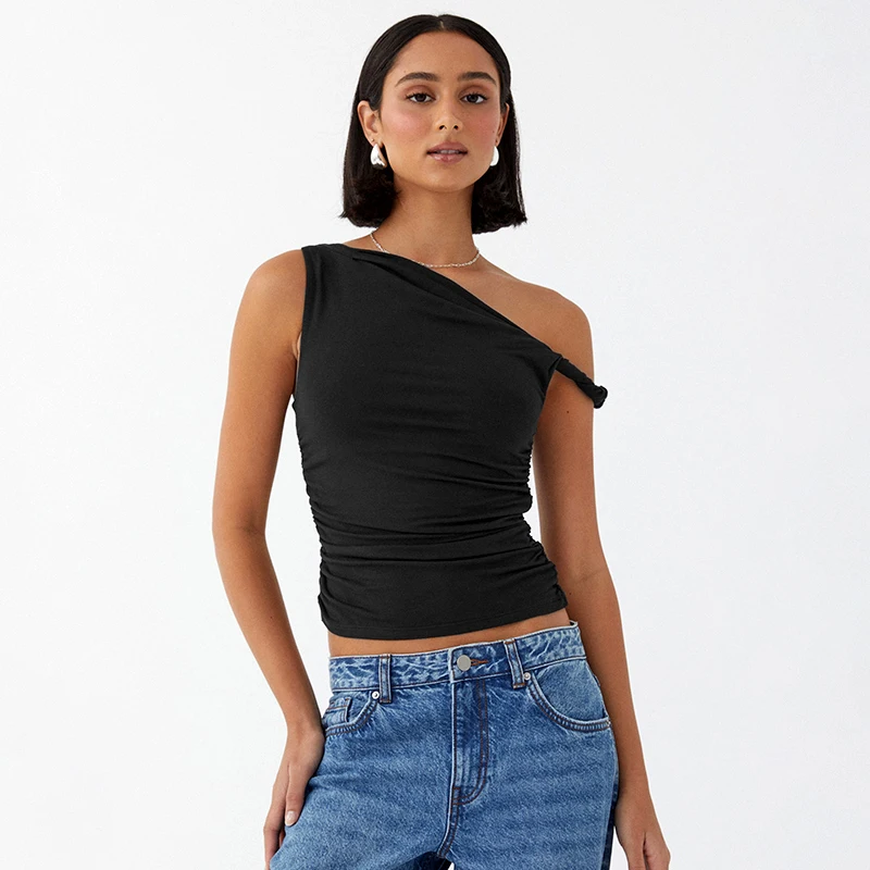 Simple Basic Casual Summer Tank Top Sleeveless Solid Color Off Shoulder Side Ruched Crop Tops Vestidos Spring Women T S - Sleeveless Solid Color Off Shoulder Crop Top