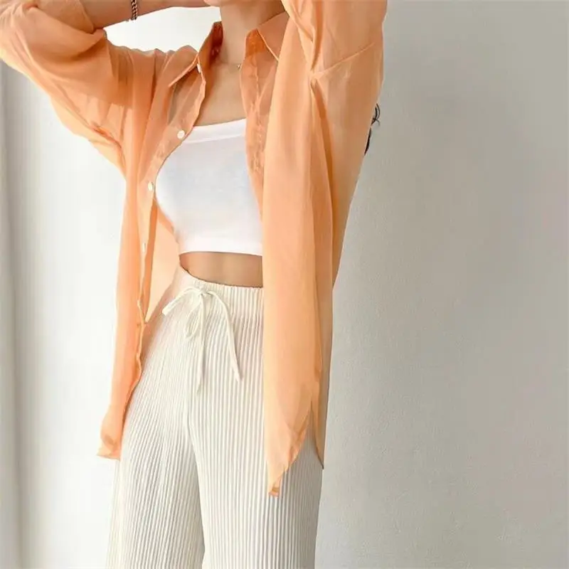 Perspective Shirts Women Sheer Thin Chic Summer Simple Solid Sun-proof Top Fashion Blouse Baggy All-match Basic Korean Clothing