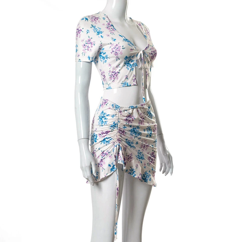 Ootddress Sexy Floral Dress Two Piece Set Women Summer Set Hollow Out Crop-Top And Skirt Suit Cross Lace Up 2025 New Boho Dresses