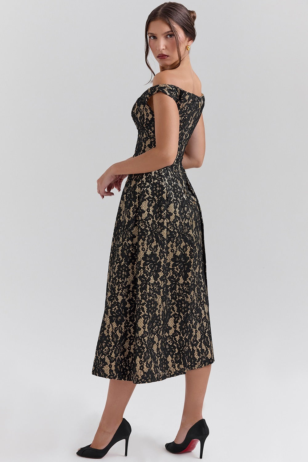 Off Shoulder Floral Lace Overlap Panel Fit and Flare Midi Dress