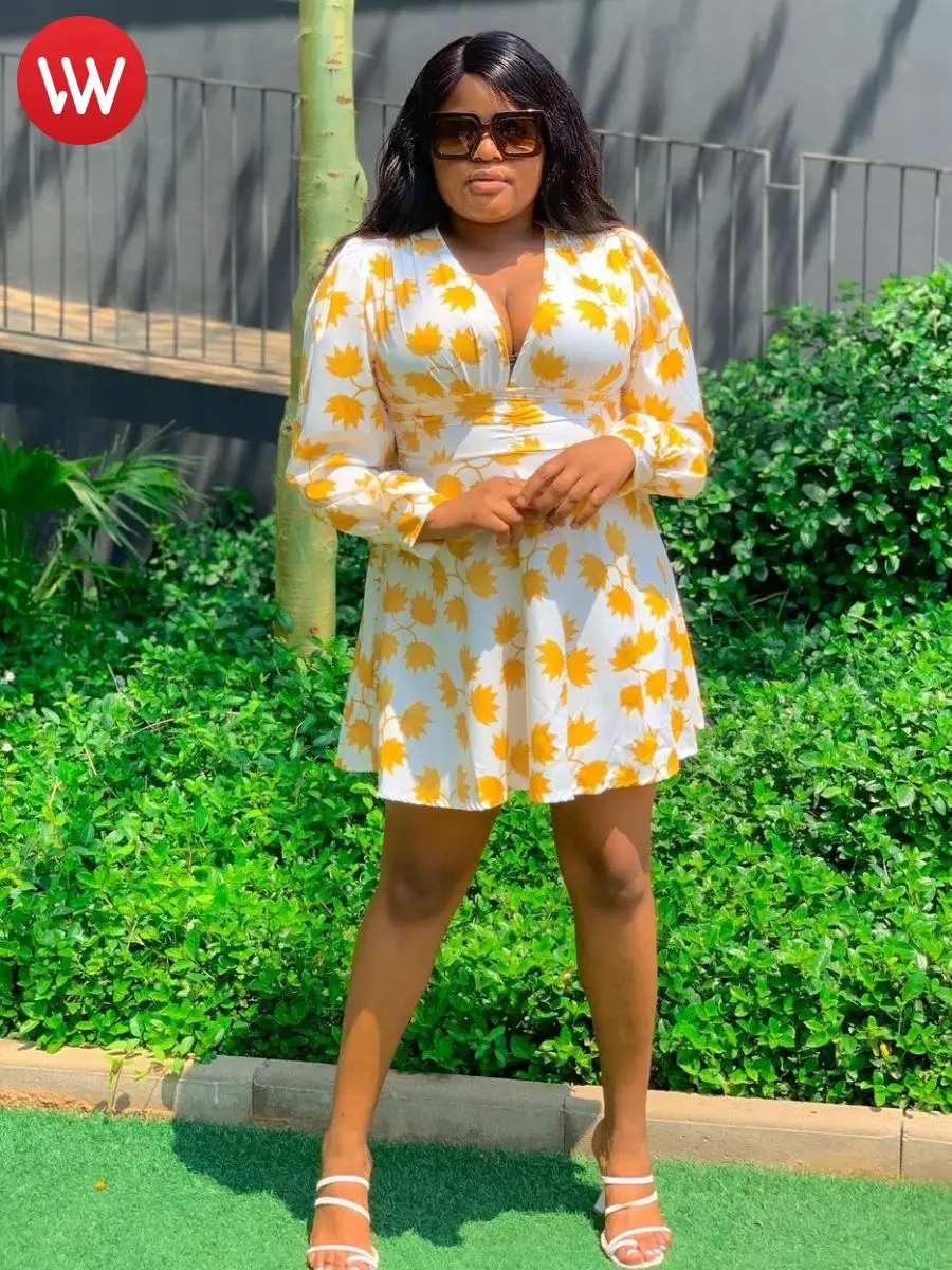 Sweet 2025 Fashion Dress Deep V Neck Floral Print Mini A Line Cleavage Women Clothings Summer Long Sleeve Lady Outfits