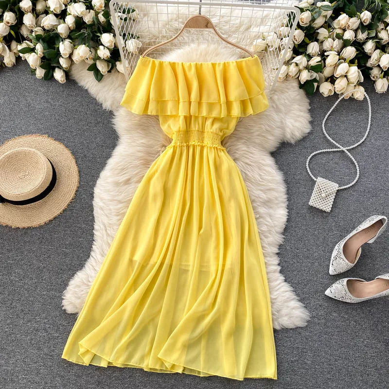 Women Chiffon Beach Dress Sexy Double Layer Ruffled Off The Shoulder Boho Dresses Ladies Sweet Slash Neck Long Dress 7 Women Chiffon Beach Dress Sexy Double Layer Ruffled Off The Shoulder Boho Dresses Ladies Sweet Slash Neck Long Dress