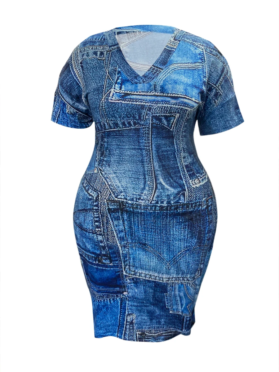 Plus Size Imitation Denim V Neck Pocket Design Dress Women's T-Shirt Summer Loose Dress Vestidos 6 Plus Size Imitation Denim V Neck Pocket Design Dress Women's T-Shirt Summer Loose Dress Vestidos