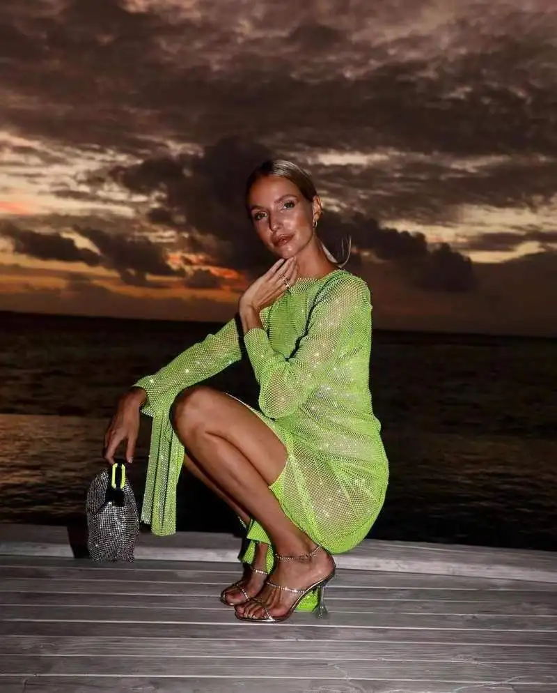 Sexy See Though Shiny Silk Dress Pink High Waist Slit Slim Fit Long Party Dresses Fashion Solid Sequins Elegant Dress for Women