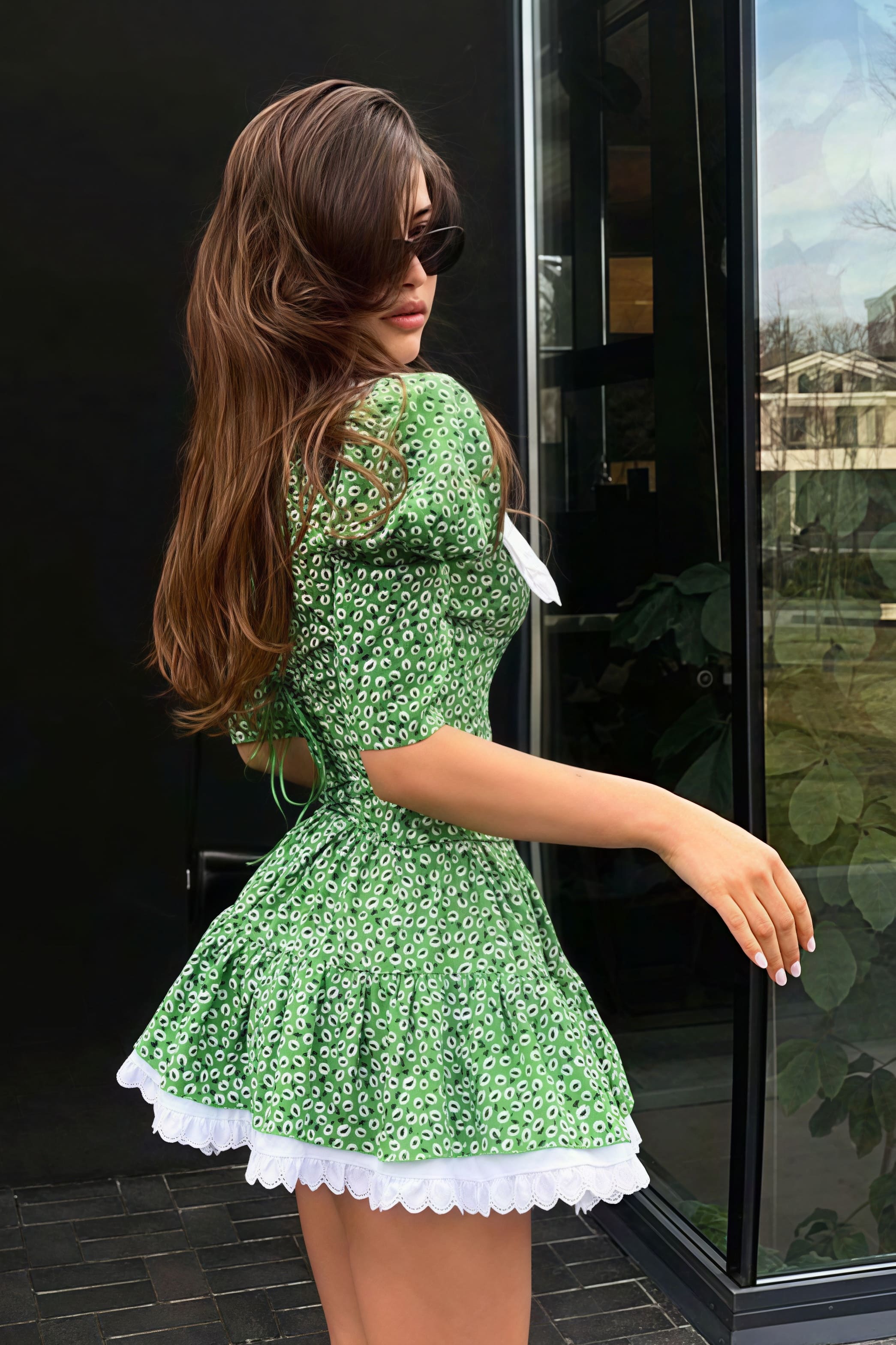 Peter Pan Collar Eyelet Lace Puff Sleeve Floral Button Front Tiered Mini Dress