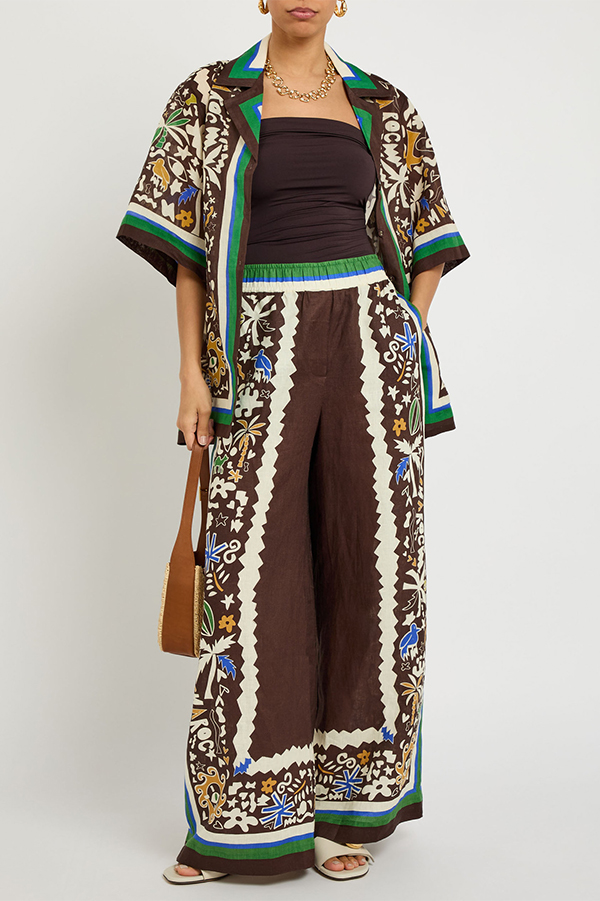 Antibes Satin Court Unique Printed Long Sleeve Loose Shirt and Elastic Waist Pants Set