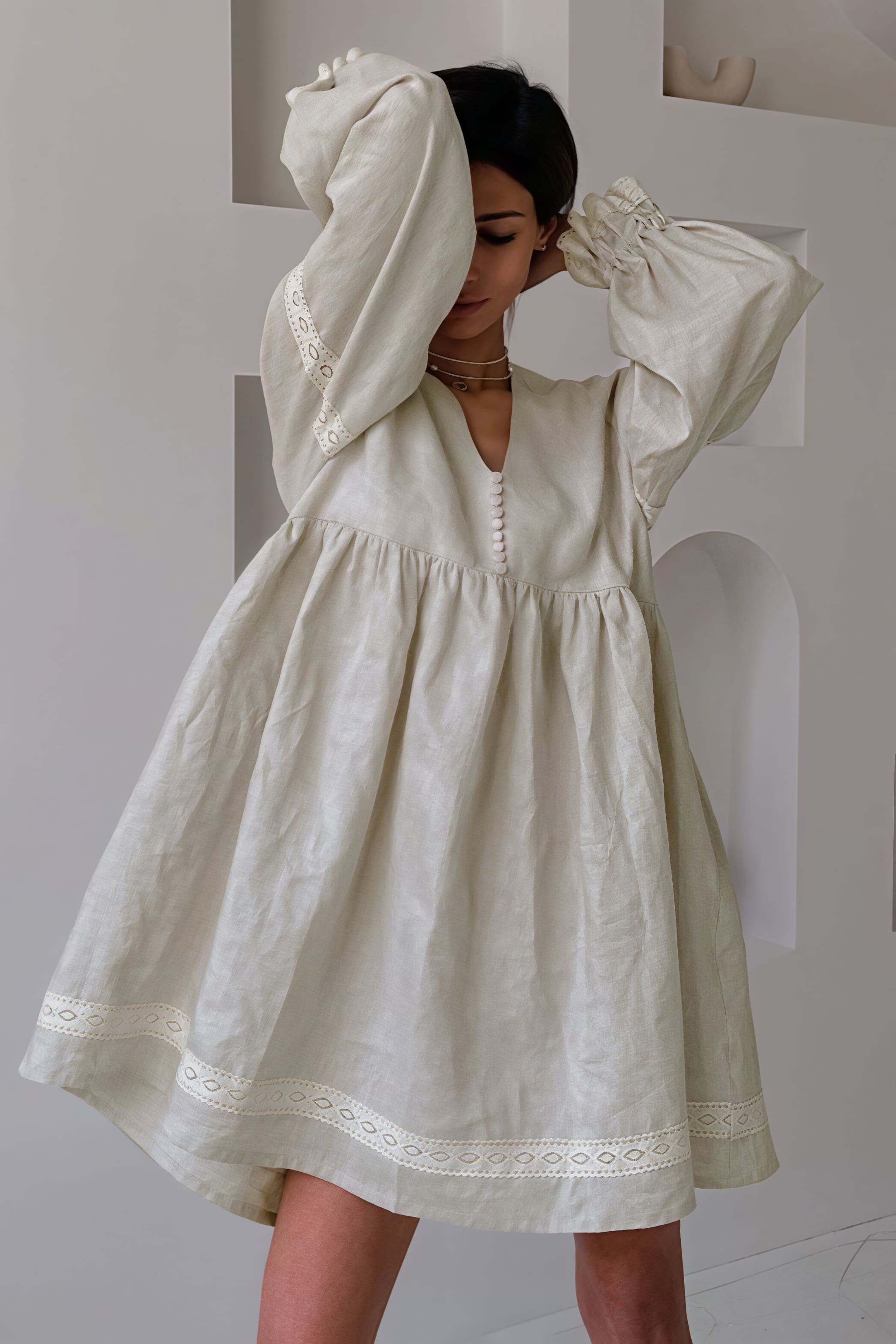 Eyelet Lace Trim Button Front Lantern Sleeve Linen Look Mini Dress