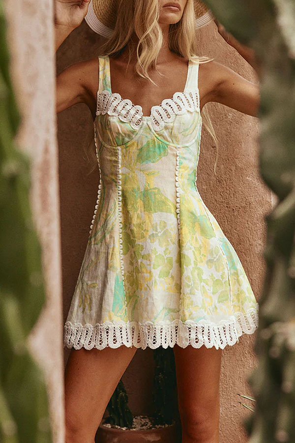 Stelle Linen Blend Floral Print Crochet Zig Zag Trim Back Lace-up Mini Dress