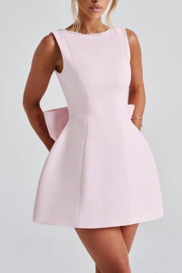 Bateau Neck Pearl Trim Sleeveless Back Bow A-Line Mini Dress