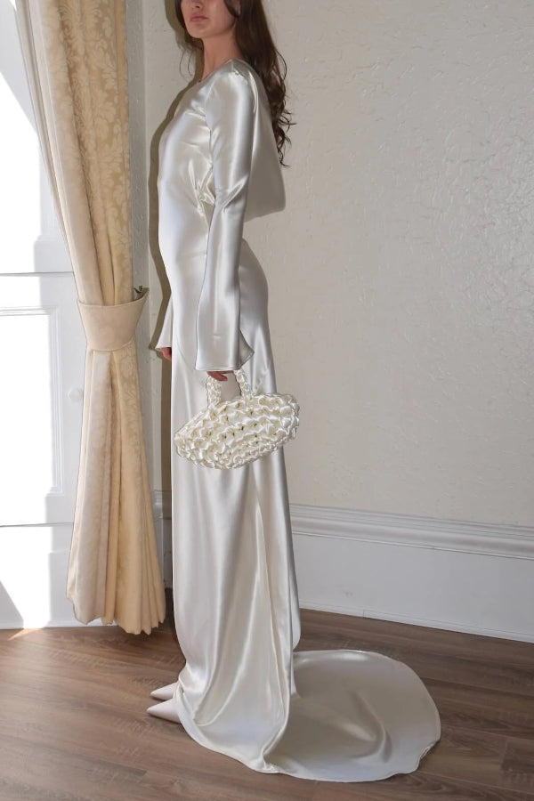 Satin Cowl Back Bell Sleeve Bias Cut Floor Length Gown
