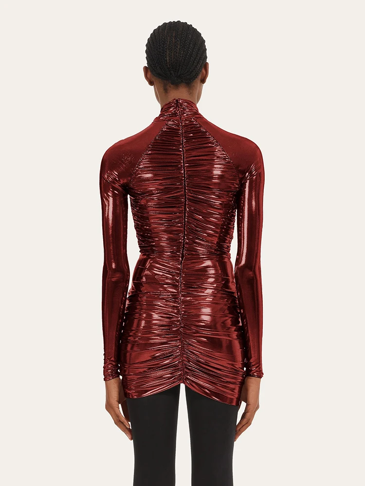 Ootddress Autumn Leather Long Sleeve Pleated Dress For Women Zipper Tight Irregular Female Dress Party Club Sheath Vestidos