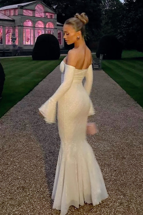 Lace Off Shoulder Bell Sleeve Sweetheart Mermaid Maxi Gown