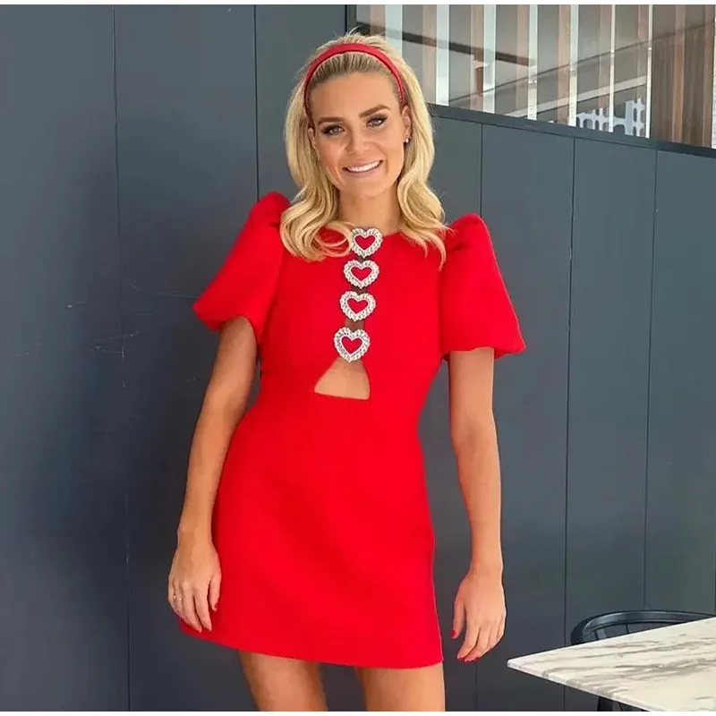 Fashion Puff Sleeve Bow Mini Dress For Women 2025 Spring Summer Solid High-waist Short Dresses Female Elegant Chic Party Looks