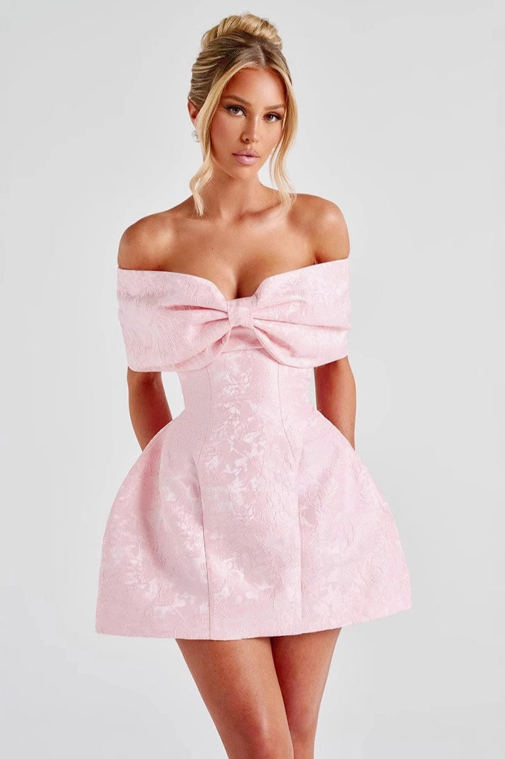 Jacquard Off Shoulder Bow Bustier Fit and Flare Mini Dress