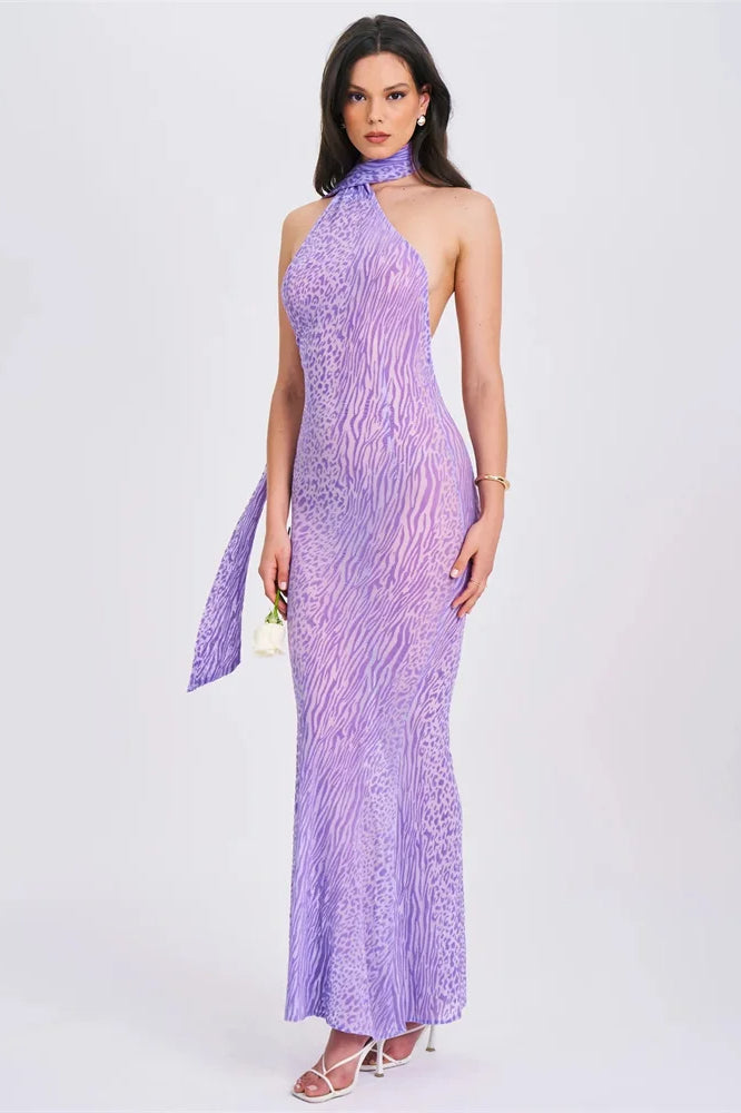 Halter Neck Scarf Tie Mixed Print Bodycon Mermaid Maxi Dress