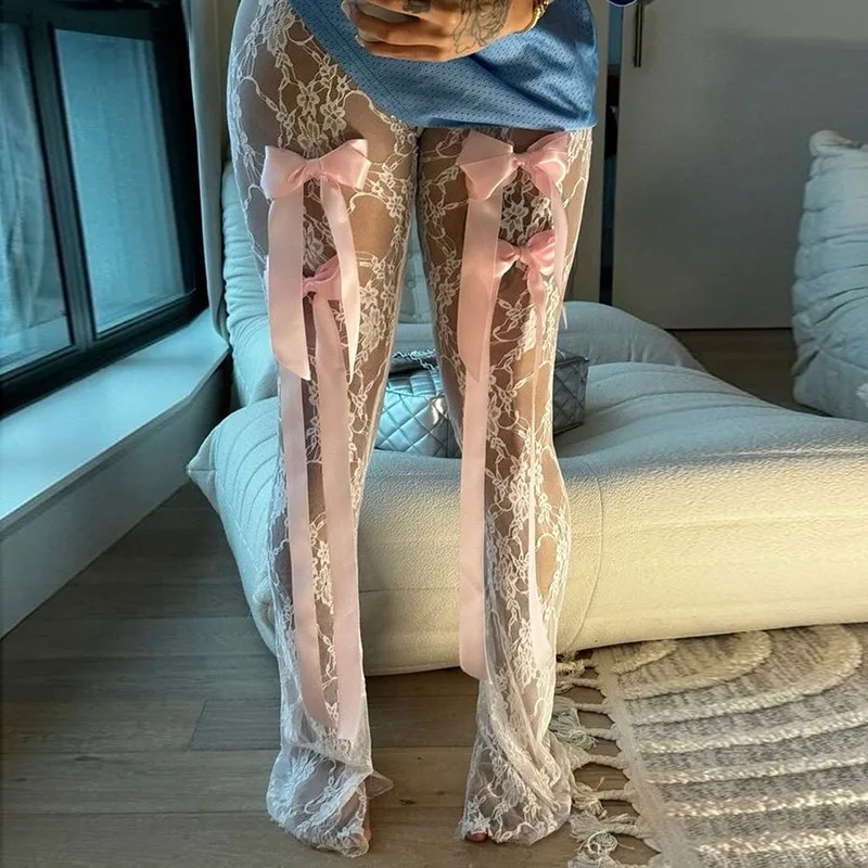 Ootddress Bow Splice Lace Pants Women Sheer Slim High Waist Bottoms Hot Girls 2025 Beach Party Sexy Club See Through Pant Ladies