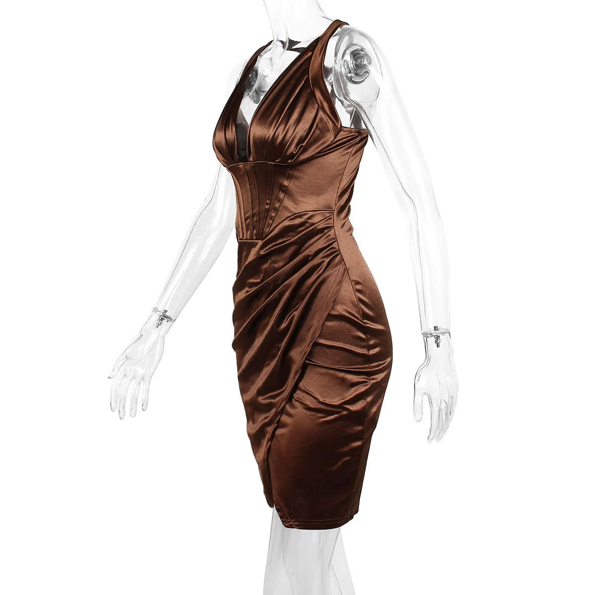 Ootddress Elastic Satin Deep V Neck Ruched Dress For Women Robe Summer Sleeveless Backless Bodycon Club Party Dress Vestido